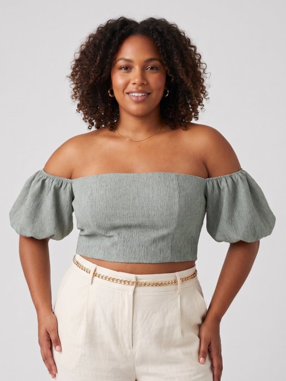 Abercrombie & Fitch | Crinkle Crop Top with Puff Sleeves Sage Green | Size XL
